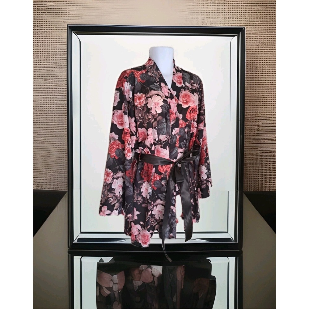 Cacique Lane Bryant‎ Robe 22/24 Black Floral Wrap Waist Tie Lightweight Short